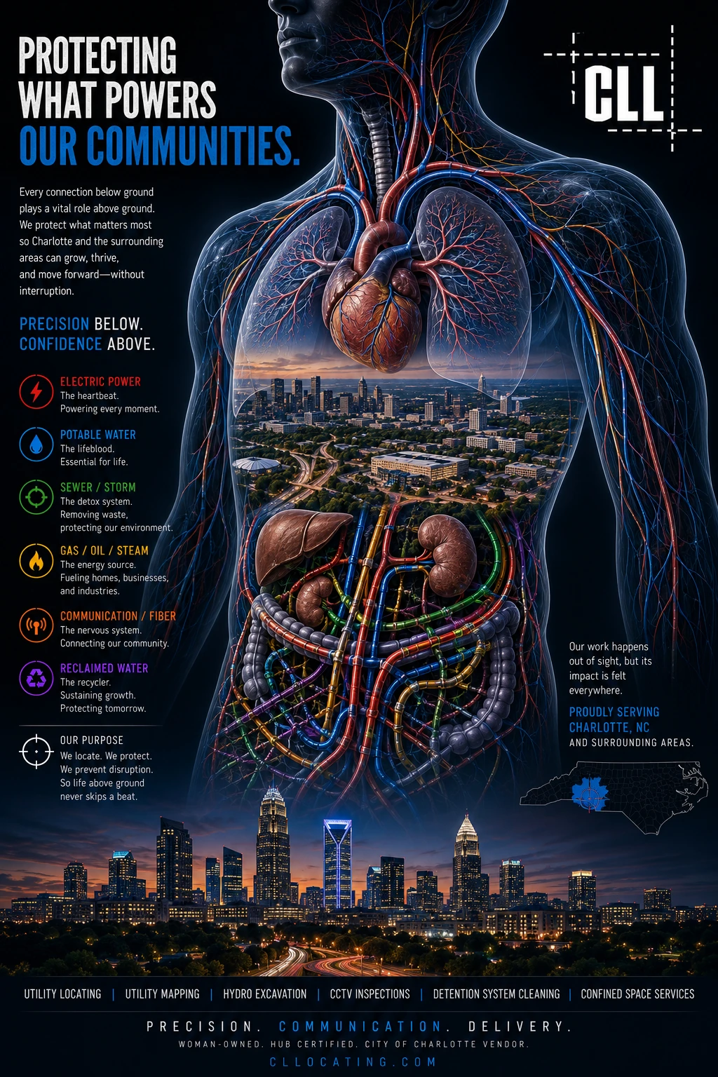 Infographic showing underground utility systems — electric power, potable water, sewer, gas, fiber, and reclaimed water — mapped to human anatomy over the Charlotte NC skyline, by Center Line Locating